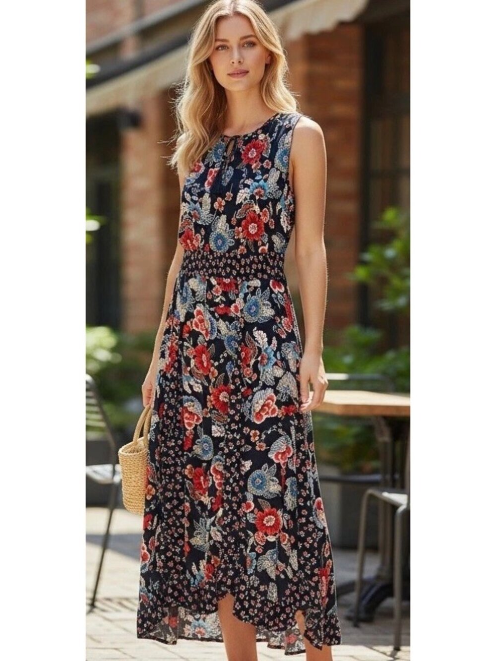 Bila XXL Navy Floral Boho Handkerchief Hem Maxi Dress 100% Rayon NWT Resort Wear